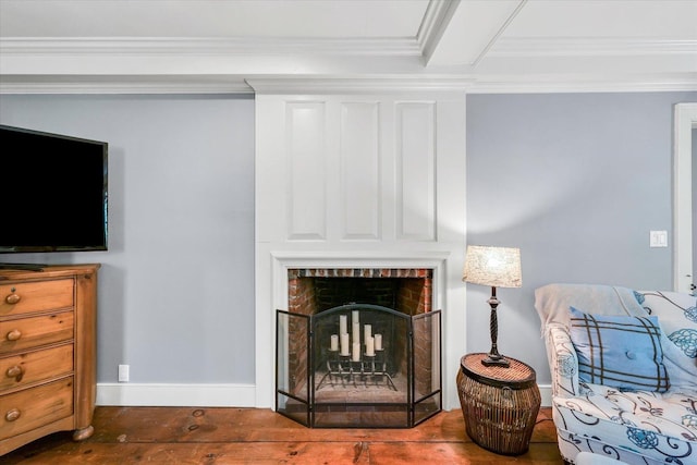 2066 County Road 125 E, Mahomet, IL 61853 - living room with a fireplace, baseboards, ornamental molding, and wood finished floors