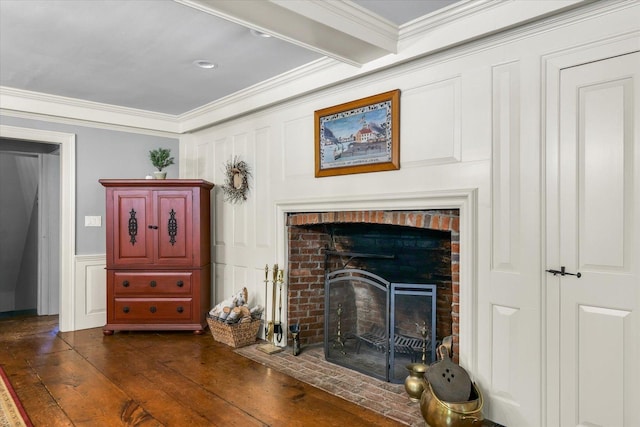2066 County Road 125 E, Mahomet, IL 61853 - living area featuring a decorative wall, ornamental molding, a fireplace, and dark wood-style flooring