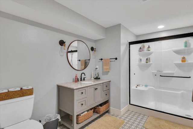 2066 County Road 125 E, Mahomet, IL 61853 - bathroom featuring baseboards, toilet, recessed lighting, a shower stall, and vanity