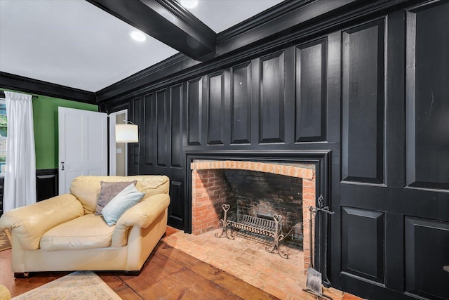 2066 County Road 125 E, Mahomet, IL 61853 - living room with beamed ceiling, light wood-style flooring, crown molding, and a brick fireplace