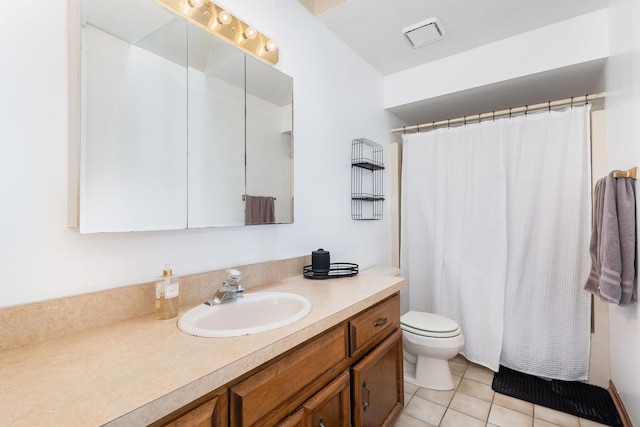 full bath with vanity, tile patterned flooring, toilet, and curtained shower