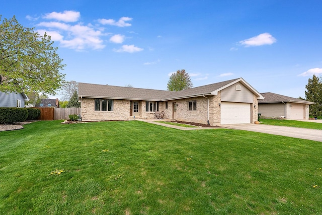 ranch-style house with fence, brick siding, a garage, a front yard, and concrete driveway