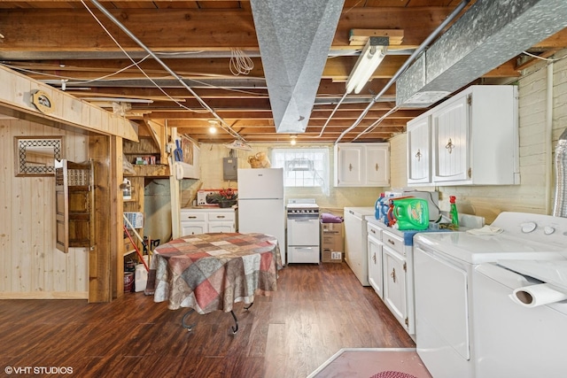 605 Saginaw Ave, Calumet City, IL 60409 - basement with dark wood-type flooring, separate washer and dryer, wooden walls, and freestanding refrigerator