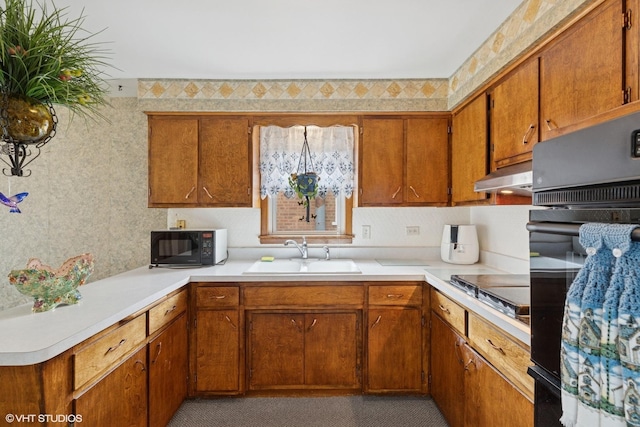 605 Saginaw Ave, Calumet City, IL 60409 - kitchen featuring light countertops, brown cabinets, under cabinet range hood, a sink, and black appliances