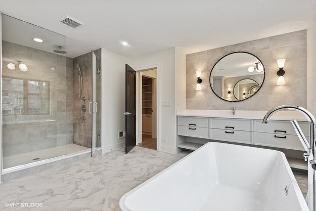 260 E Grantley Ave, Elmhurst, IL 60126 - full bathroom featuring visible vents, a shower stall, marble finish floor, vanity, and a freestanding bath