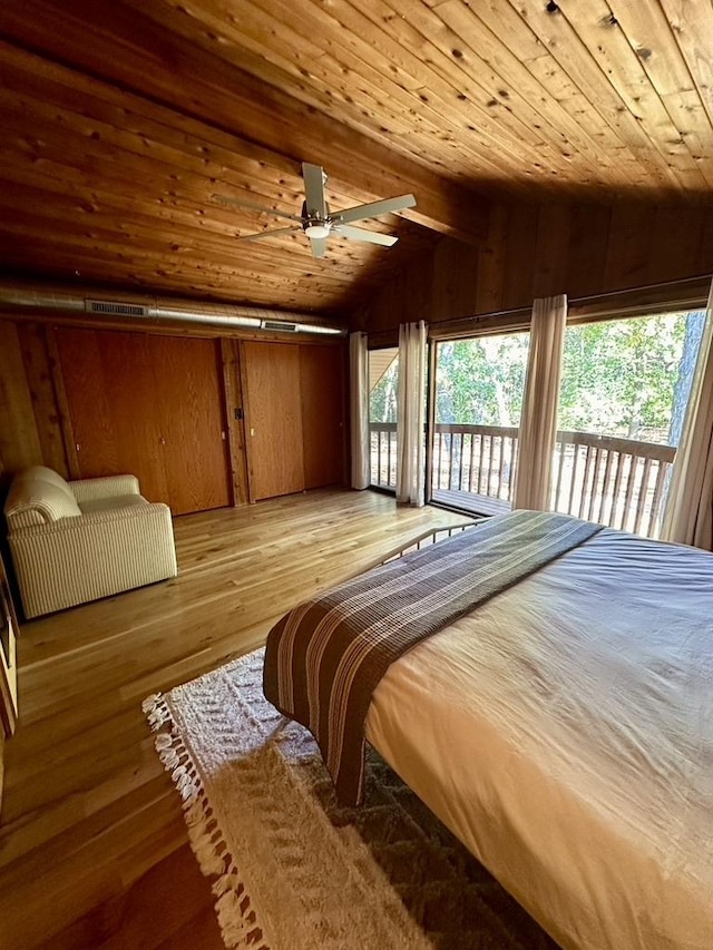 bedroom featuring vaulted ceiling, wood ceiling, access to outside, light wood-type flooring, and visible vents
