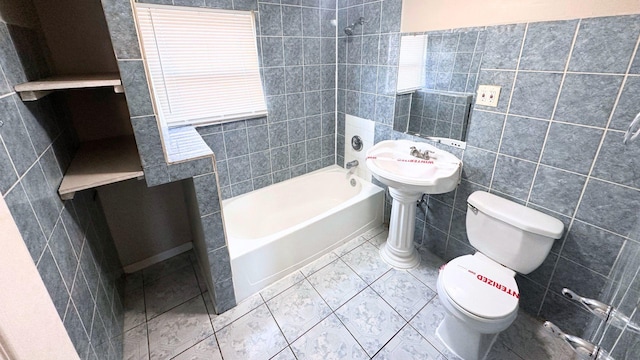 2830 Bernice Rd, Lansing, IL 60438 - bathroom with bathing tub / shower combination, toilet, tile patterned flooring, and tile walls