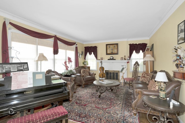 living room featuring crown molding and wood finished floors