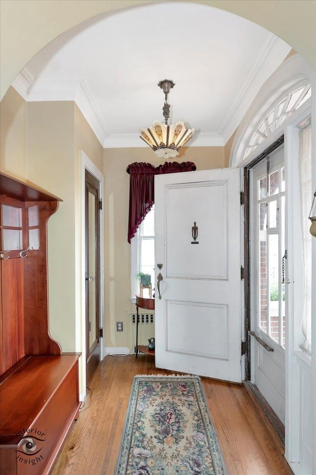 entryway with a chandelier, wood finished floors, plenty of natural light, crown molding, and radiator