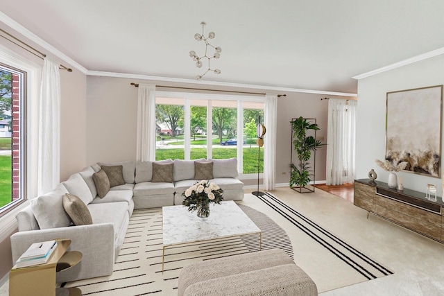 living room featuring ornamental molding and baseboards