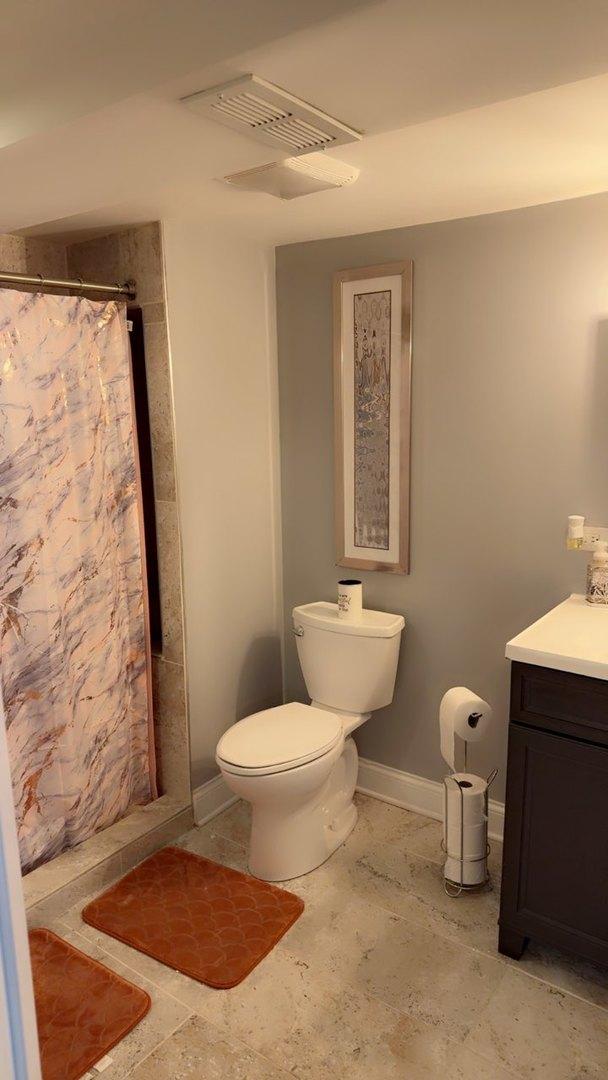 8034 S Clyde Ave, Chicago, IL 60617 - bathroom featuring baseboards, a shower with shower curtain, toilet, and vanity