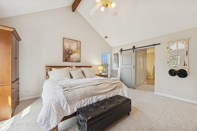 bedroom with a barn door, beam ceiling, high vaulted ceiling, baseboards, and visible vents
