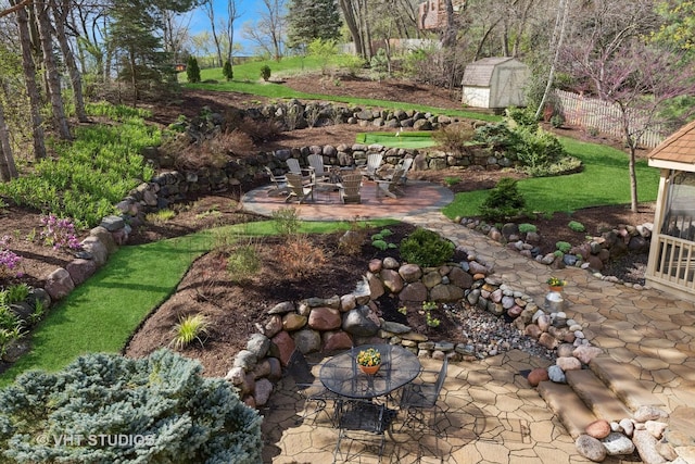 view of yard featuring a storage unit, a patio, and an outdoor structure