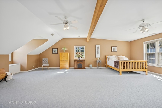 bedroom featuring baseboards, carpet flooring, vaulted ceiling, and visible vents