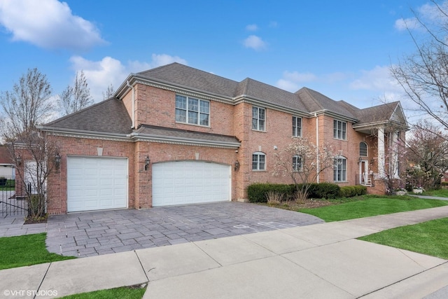 view of front of house featuring a shingled roof, decorative driveway, a front yard, an attached garage, and brick siding