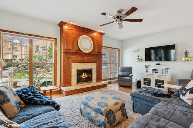 living area featuring a ceiling fan, a premium fireplace, a wealth of natural light, and wood finished floors