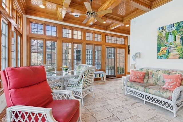 sunroom featuring french doors, coffered ceiling, and beamed ceiling