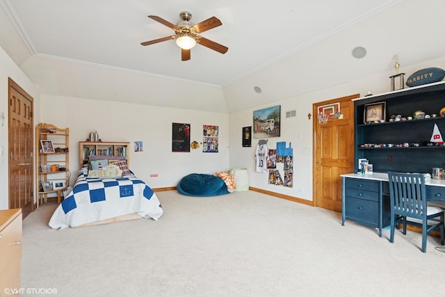 bedroom with lofted ceiling, light colored carpet, baseboards, visible vents, and crown molding