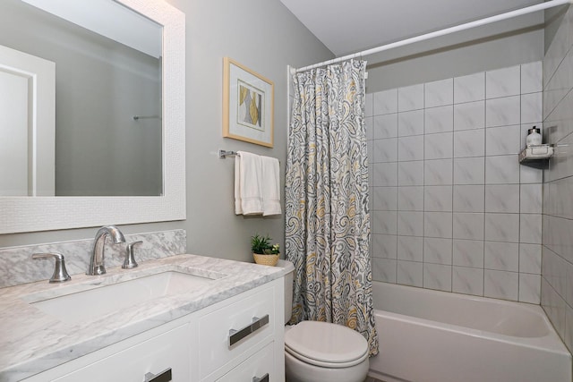 bathroom featuring toilet, shower / bath combination with curtain, and vanity