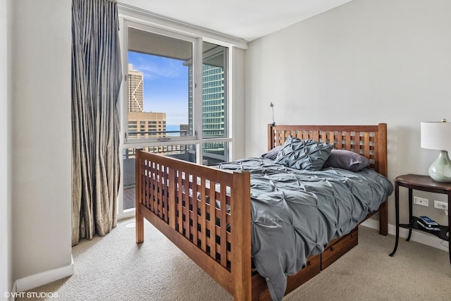 bedroom featuring a wall of windows, carpet flooring, and baseboards