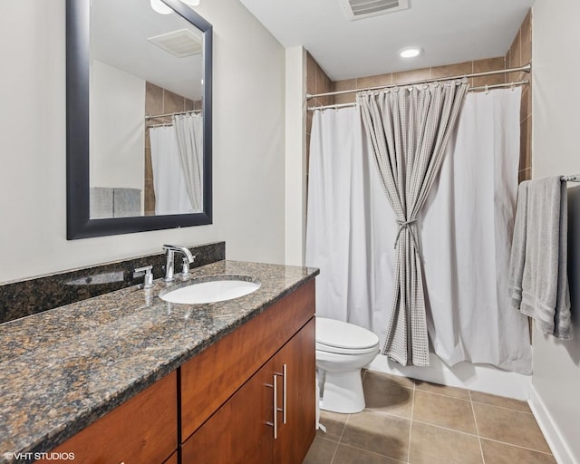 full bath with tile patterned floors, vanity, toilet, baseboards, and shower / bath combination with curtain