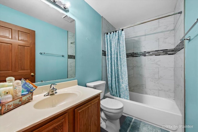 bathroom featuring shower / bathtub combination with curtain, toilet, and vanity