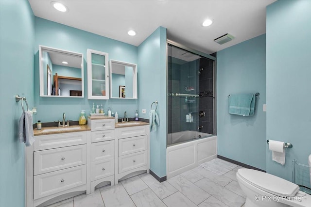 full bathroom with marble finish floor, toilet, a sink, and visible vents
