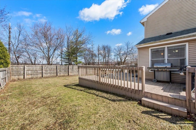 view of yard featuring a fenced backyard and a deck