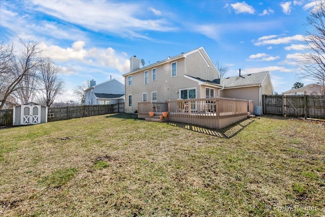 rear view of property with a fenced backyard, a shed, an outdoor structure, and a yard