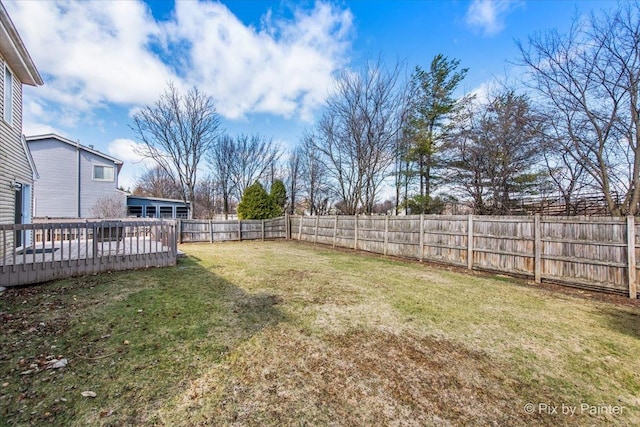 view of yard featuring a fenced backyard and a deck