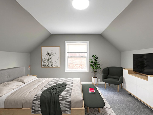 bedroom featuring baseboards, lofted ceiling, and carpet
