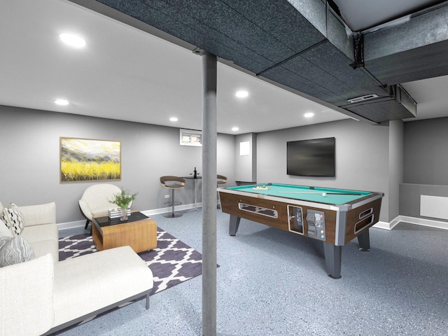 recreation room with speckled floor, pool table, and recessed lighting