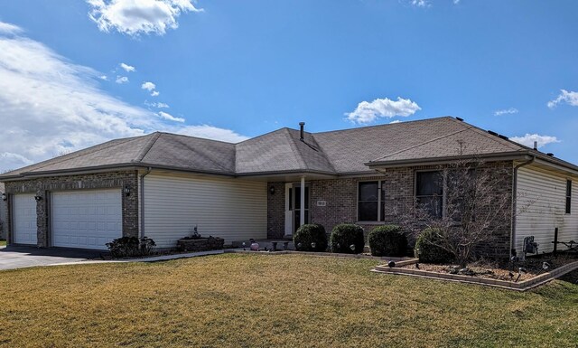 ranch-style house featuring driveway, a front yard, brick siding, a shingled roof, and a garage