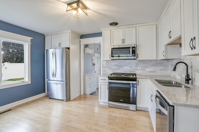 kitchen featuring appliances with stainless steel finishes, a sink, decorative backsplash, and white cabinetry