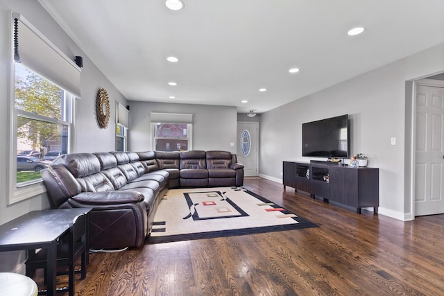living area with a wealth of natural light, recessed lighting, and wood finished floors