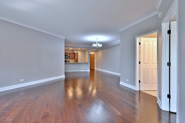 7420 W Lawrence Ave Unit 402, Harwood Heights, IL 60706 - unfurnished living room featuring a chandelier, dark wood-style flooring, baseboards, and ornamental molding
