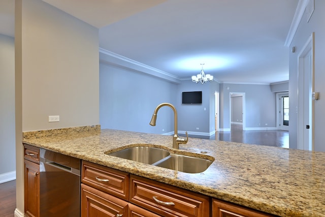 7420 W Lawrence Ave Unit 402, Harwood Heights, IL 60706 - kitchen featuring a sink, crown molding, brown cabinets, light stone countertops, and a chandelier