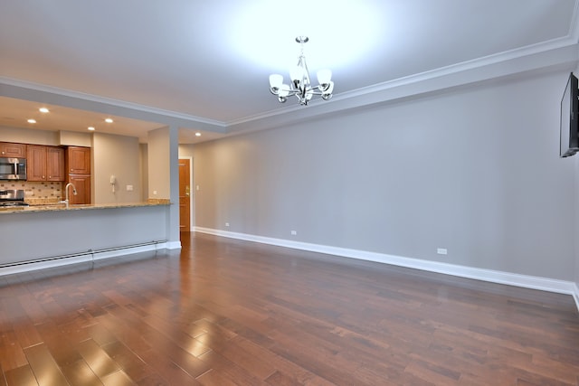 7420 W Lawrence Ave Unit 402, Harwood Heights, IL 60706 - unfurnished living room with a chandelier, dark wood-style floors, baseboards, crown molding, and recessed lighting