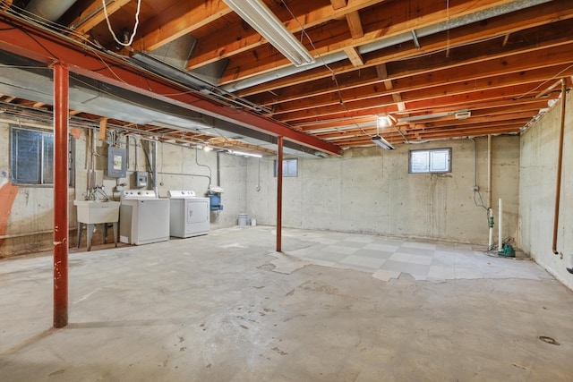 407 Brad Ct, Naperville, IL 60565 - basement featuring washing machine and clothes dryer, a sink, and electric panel