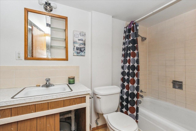 bathroom with toilet, shower / bath combo with shower curtain, tasteful backsplash, and vanity