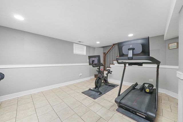 workout room with tile patterned flooring, baseboards, and recessed lighting