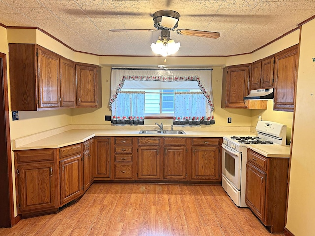 kitchen featuring brown cabinets, under cabinet range hood, a sink, gas range gas stove, and light wood-type flooring