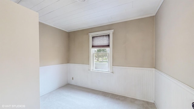 spare room with ornamental molding, wainscoting, and carpet