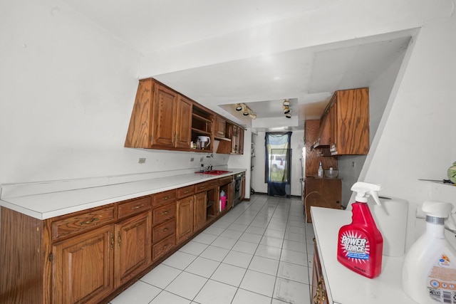 3917 Sunset Ave, Markham, IL 60428 - kitchen featuring light countertops, open shelves, light tile patterned floors, dishwasher, and brown cabinets