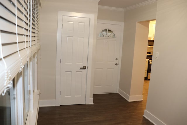 3418 N Nordica Ave, Chicago, IL 60634 - hall featuring dark wood-style floors, baseboards, and ornamental molding