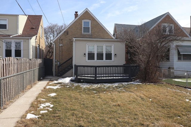 3418 N Nordica Ave, Chicago, IL 60634 - view of front of home featuring a chimney, a front yard, a wooden deck, and fence private yard