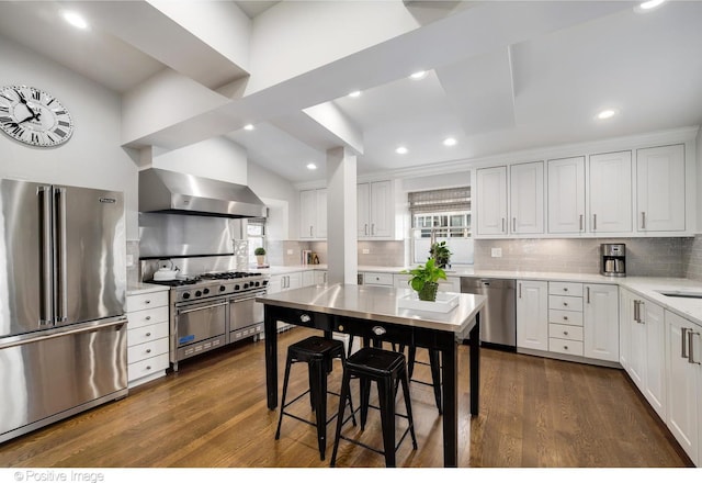 kitchen with premium appliances, dark wood finished floors, white cabinets, and wall chimney exhaust hood