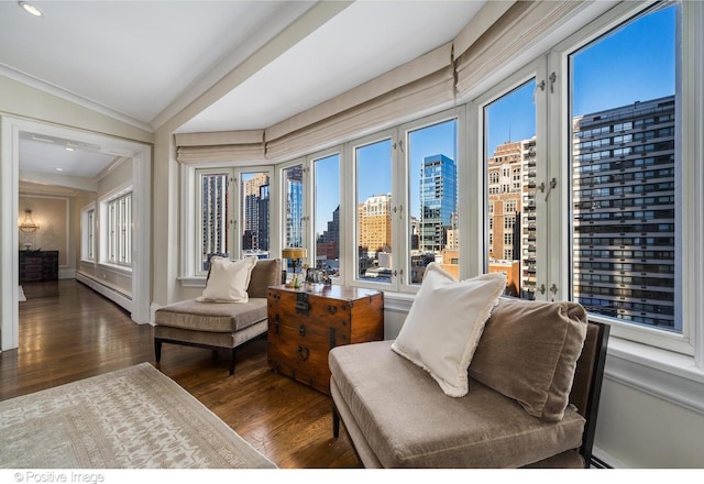 sitting room featuring a city view, a wealth of natural light, wood finished floors, and ornamental molding