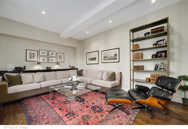 living area with beam ceiling, wood finished floors, baseboards, and recessed lighting