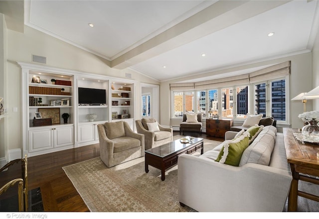 living area featuring visible vents, crown molding, vaulted ceiling with beams, and wood finished floors